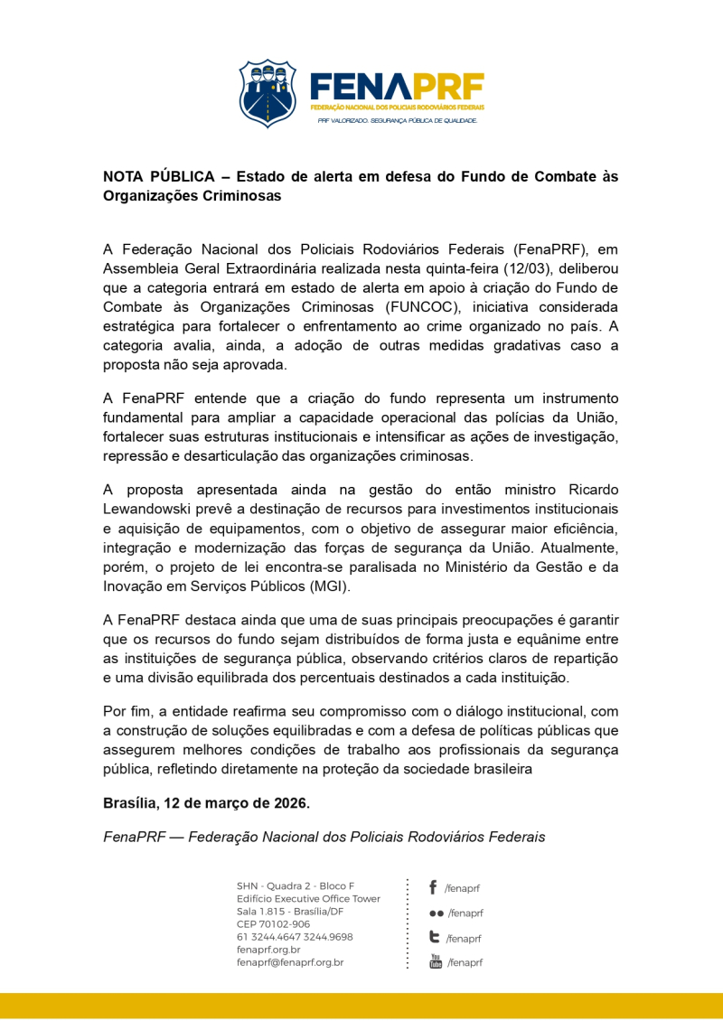 NOTA PÚBLICA DA FENAPRF EM DEFESA DO FUNCOC